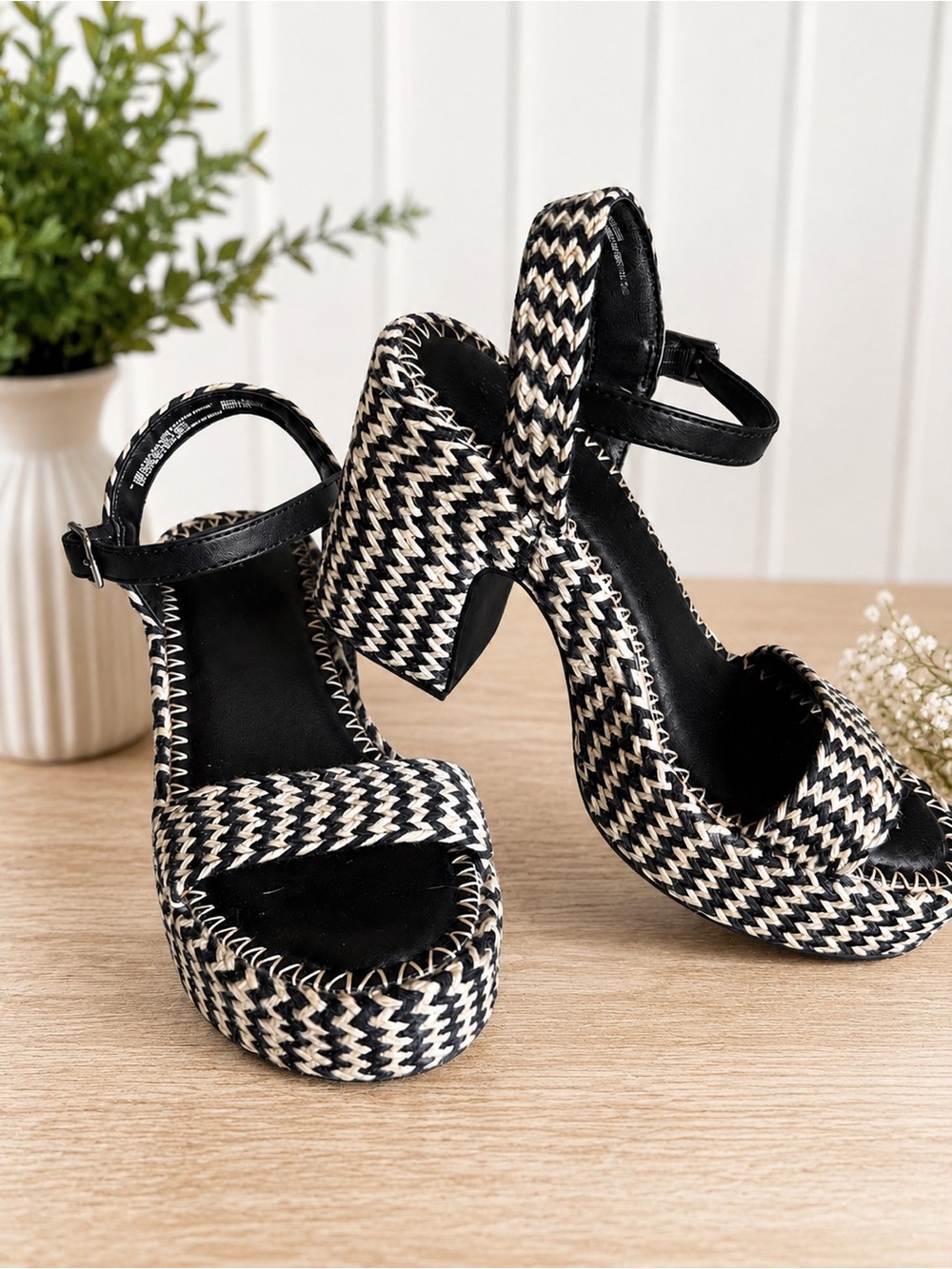 Universal Thread Black & Cream Woven Platform Heels with Ankle Strap